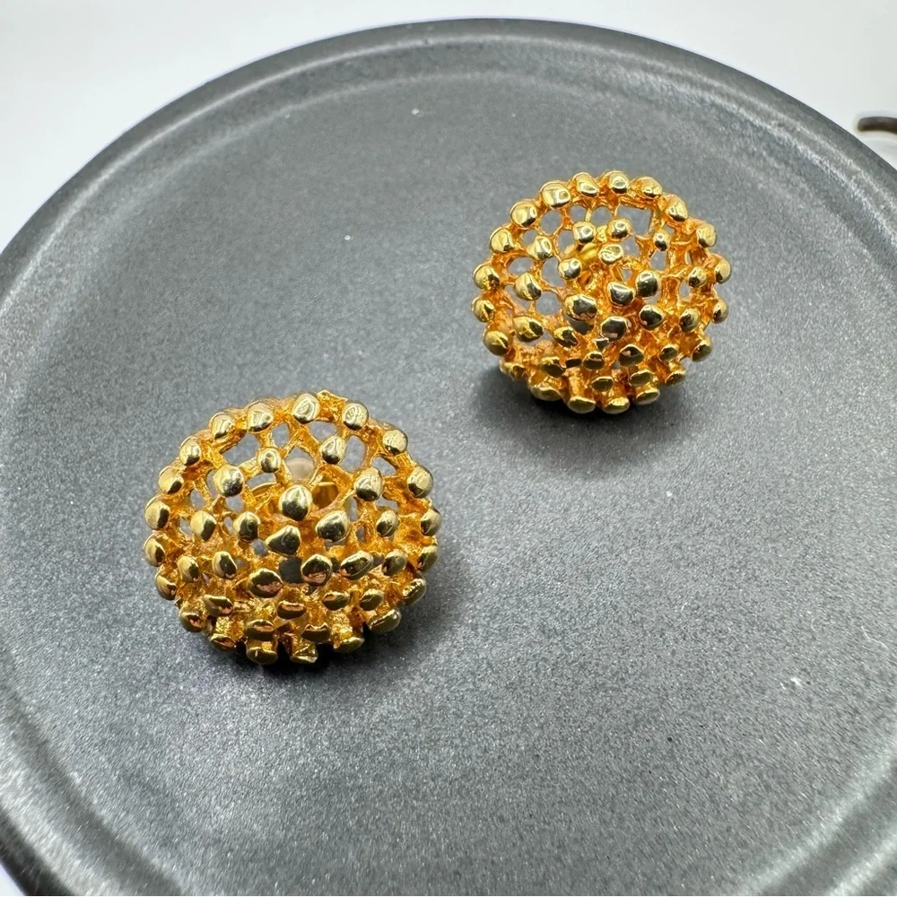 Vintage Gold Tone Textured Dome Stud Earrings | Brutalist Statement 3D Retro